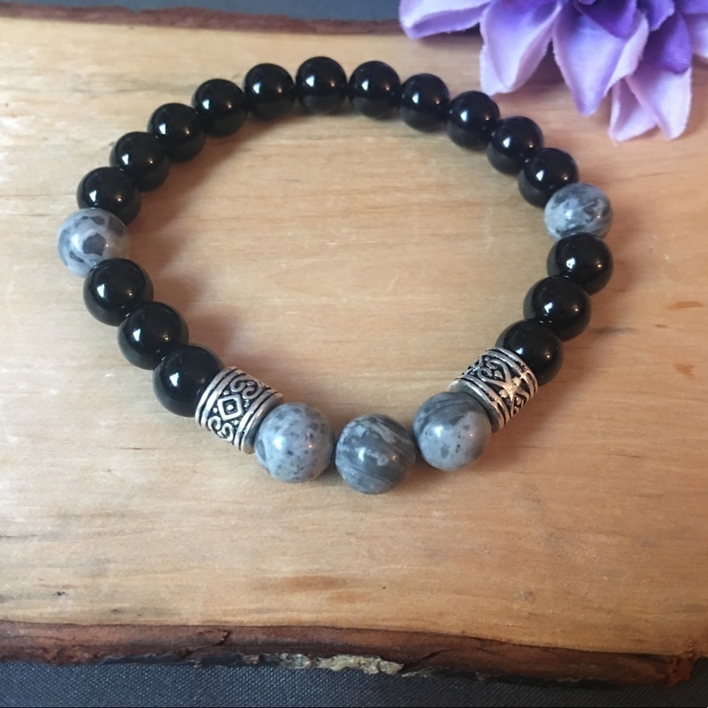 Black jasper-grey network stone stretch bracelet